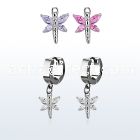 erhz349 steel huggies earrings w dangling dragonfly w cz wings