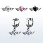 erhz586 steel huggies earrings w dangling heart shaped cz w wing