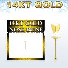 gbbt2 14kt gold nose bone, w plain gold butterfly shaped top