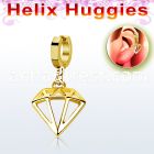 gold stainless steel huggies w a diamond shaped dangling