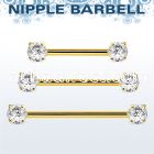 gold steel nipple barbell w prong set round czs