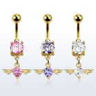 mdgz367 gold 316l steel belly banana w dangling heart cz stone