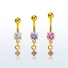 mdgz411 gold steel belly banana w dangling flower w cz stones