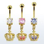 mdgz590 gold steel belly banana w cz dangling crown w cz
