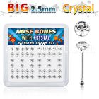 nb19cx box of silver nose bones w big 2 5mm clear crystal tops