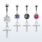 steel casting belly banana w cz & a dangling ankh cross 