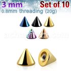 xcnt3xs pack of 10 pcs of 3mm anodized surgical steel cones