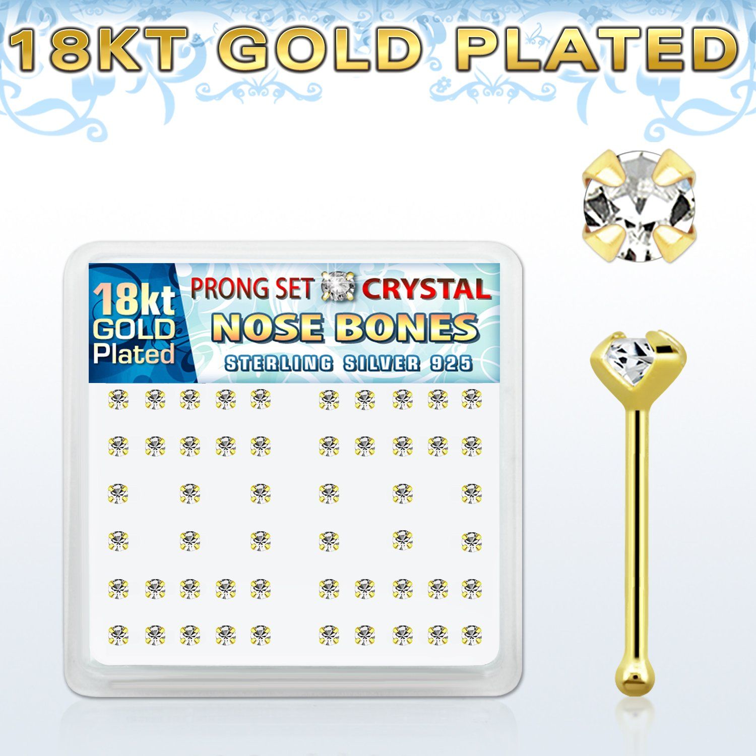 18bp19xc caja display piercing nariz hueso plata esterlina 925 0 6mm cristal claro 2 5mm oro 18 kts distribuidor mayorista