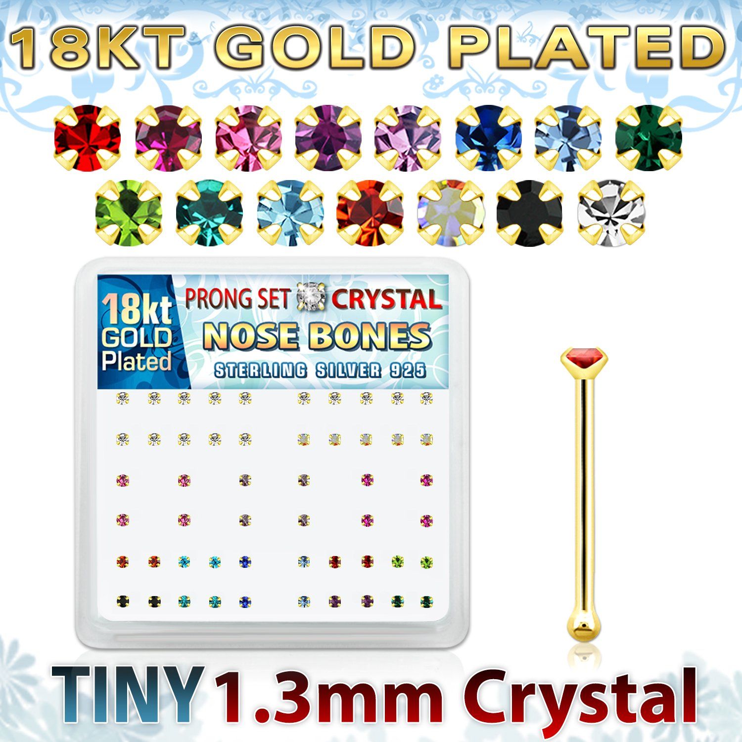 18bp6xm caja display piercing nariz hueso plata esterlina 925 0 6mm oro 18 kts cristal 1 25mm mayorista