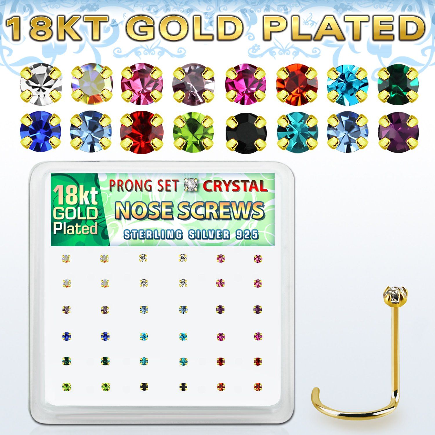 18nwpxm caja display 36 piercings nariz l plata 925 oro 18 kts 0 6mm cristal 1 5mm al por mayor
