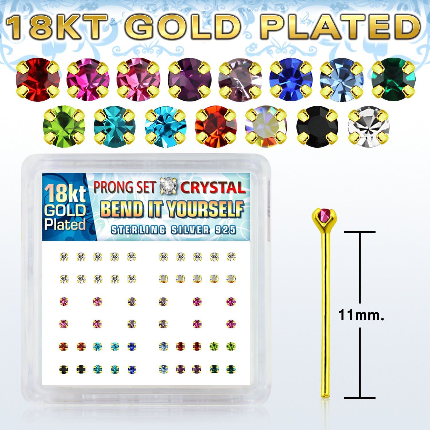 18nypxm caja display piercing nariz doblar tu mismo plata esterlina 925 0 6mm cristal redondo 1 5mm oro 18 kts mayorista