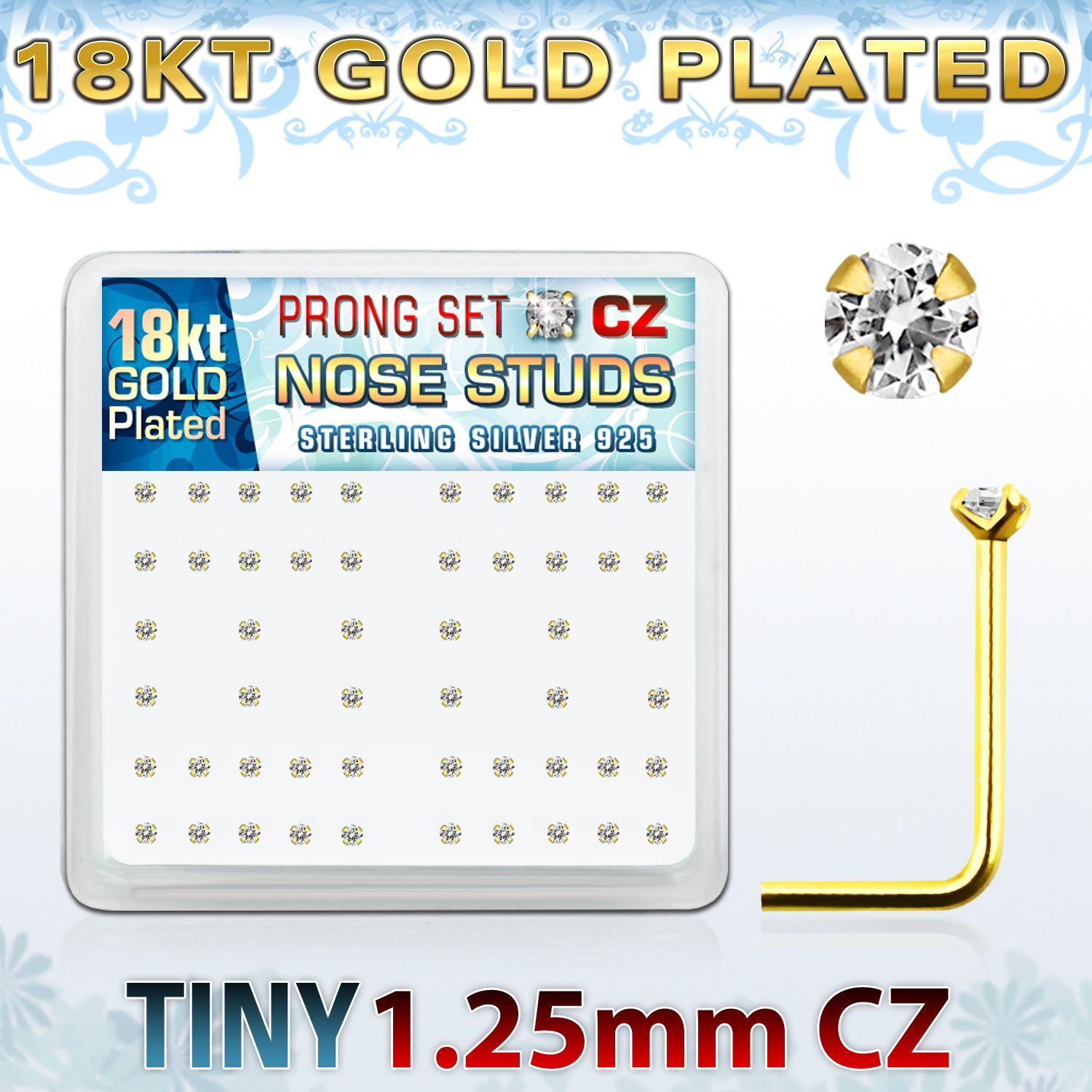 18sz12xc caja display piercing nariz l plata esterlina 925 0 6mm oro 18 kts zirconia claras 1 25mm distribuidor