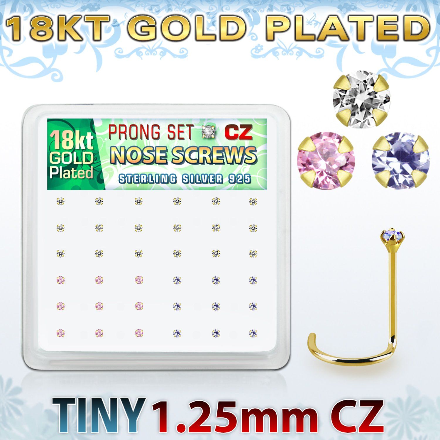 18wz12xm caja display 36 piercings nariz l plata 925 oro 18 kts 0 6mm zirconia 1 25mm mayorista
