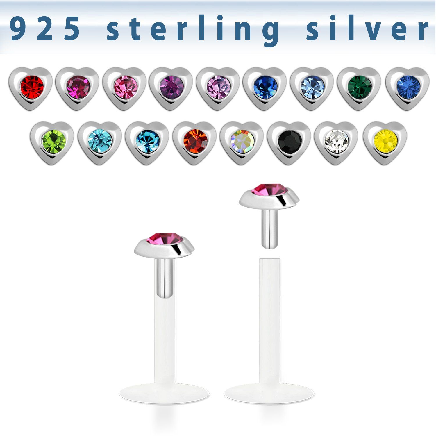 bilbh labret bio flexible transparente corazon plata esterlina cristal centro distribuidor