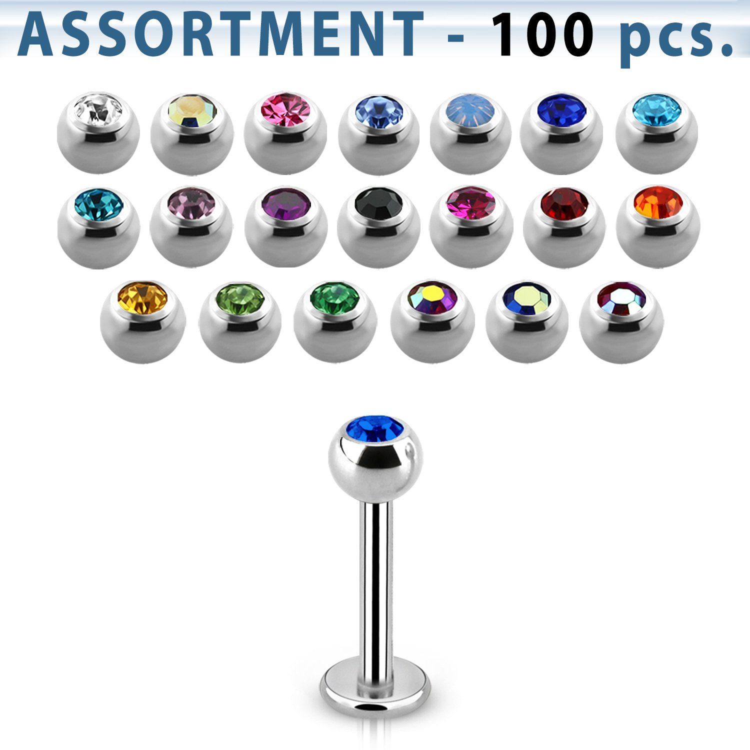 blk05 surtido piercings 100 labrets acero quirurgico bolas joya bisel 3mm mayorista