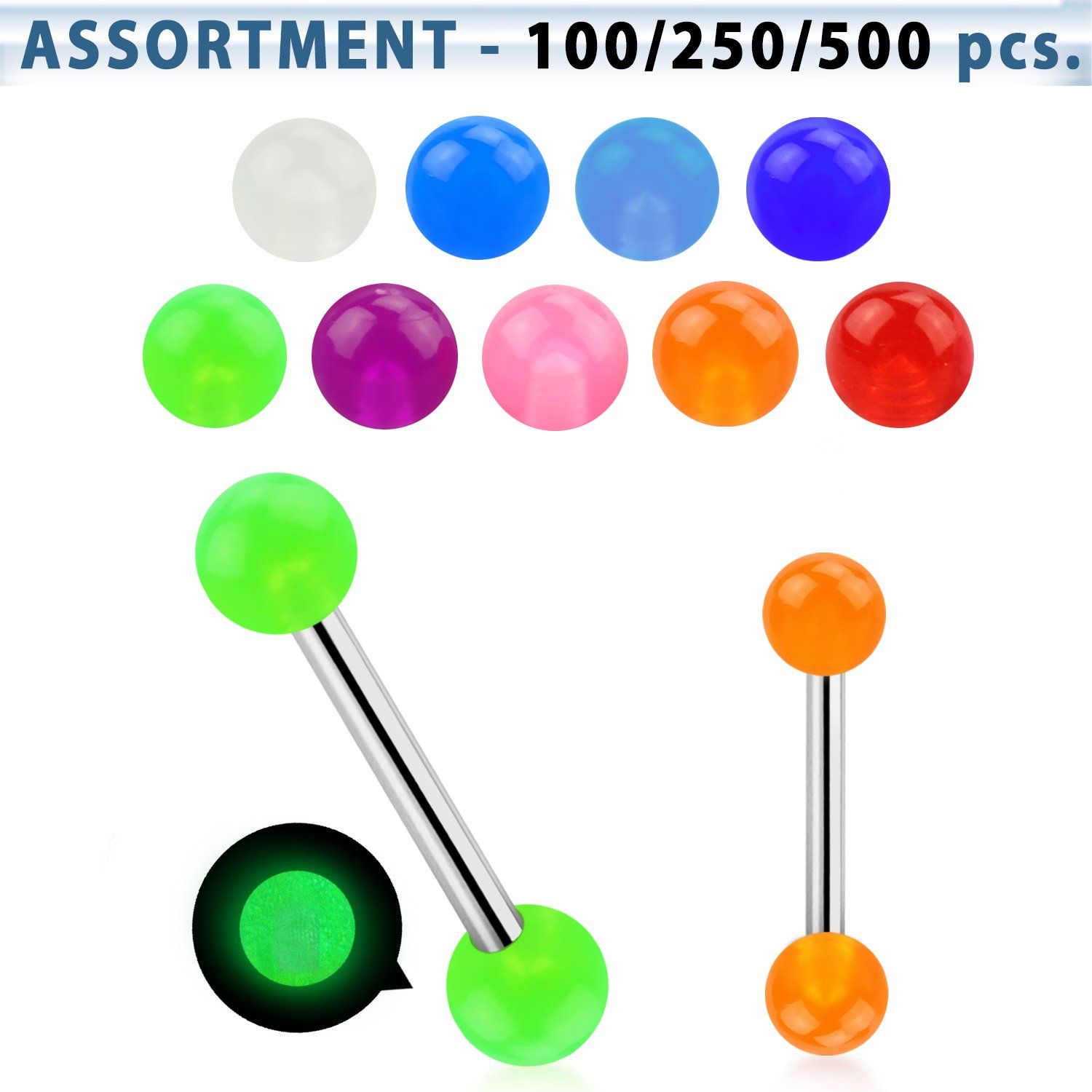 blk268 surtido piercings surtido barbells lengua acero quirurgico bolas brillan oscuridad 5mm 16mm mayorista