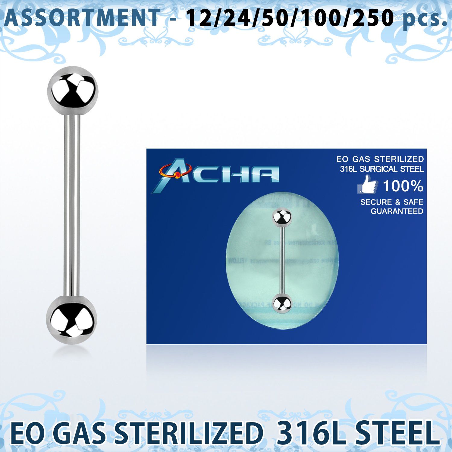 blk477 surtido piercing surtido 250 50 piercings esterilizados barbells lengua acero quirurgico 316l bolas 6mm 16mm 22mm distribuidor