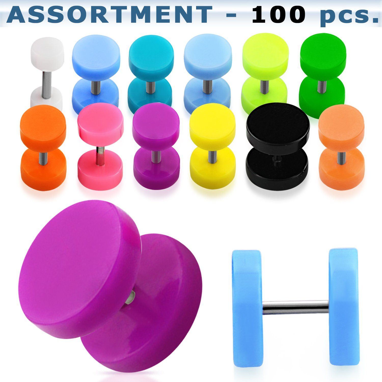 blk681 acrylic fake plugs 4mm to 12mm colors 100pcs