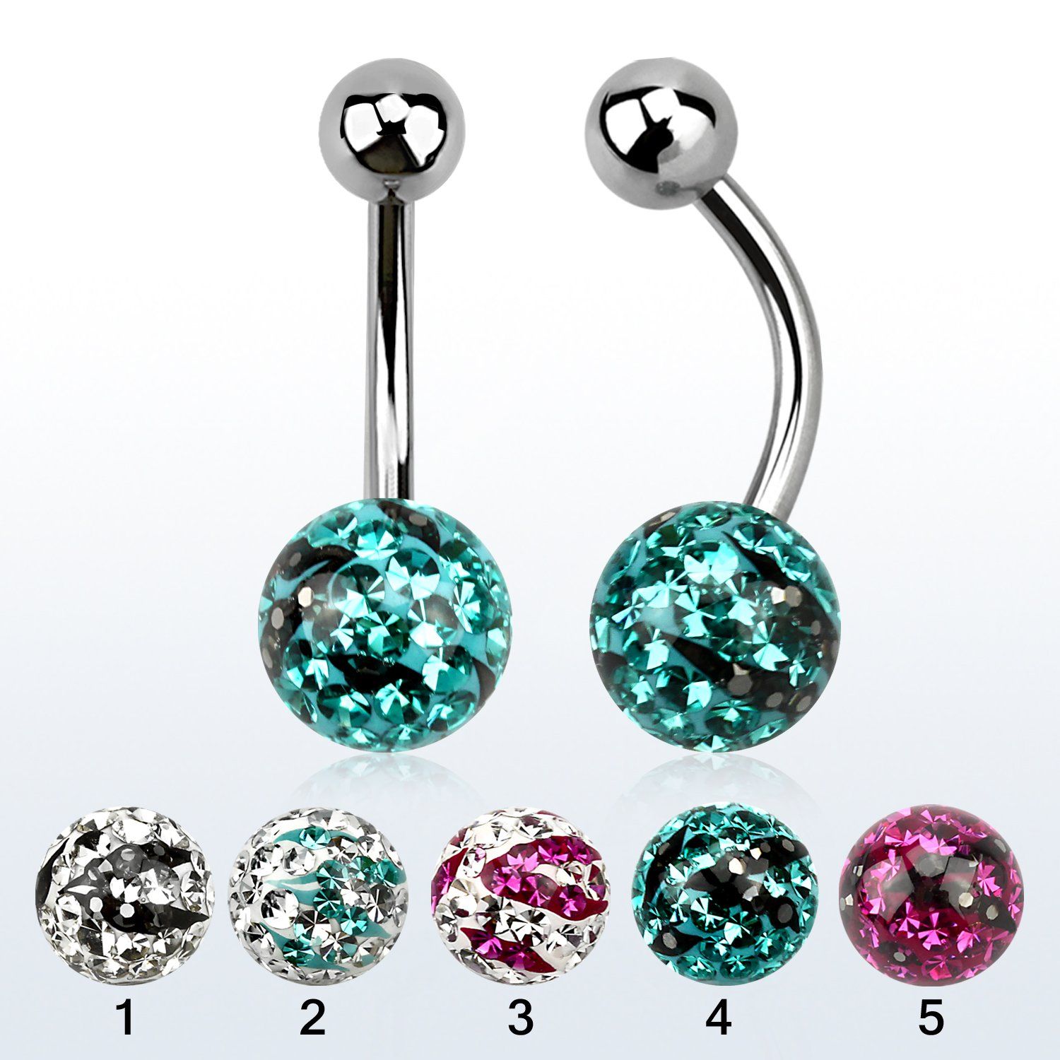 bnfr8c piercing ombligo acero quirurgico bola acero 5mm bola 8mm multi cristal ferido rayas cebra al por mayor
