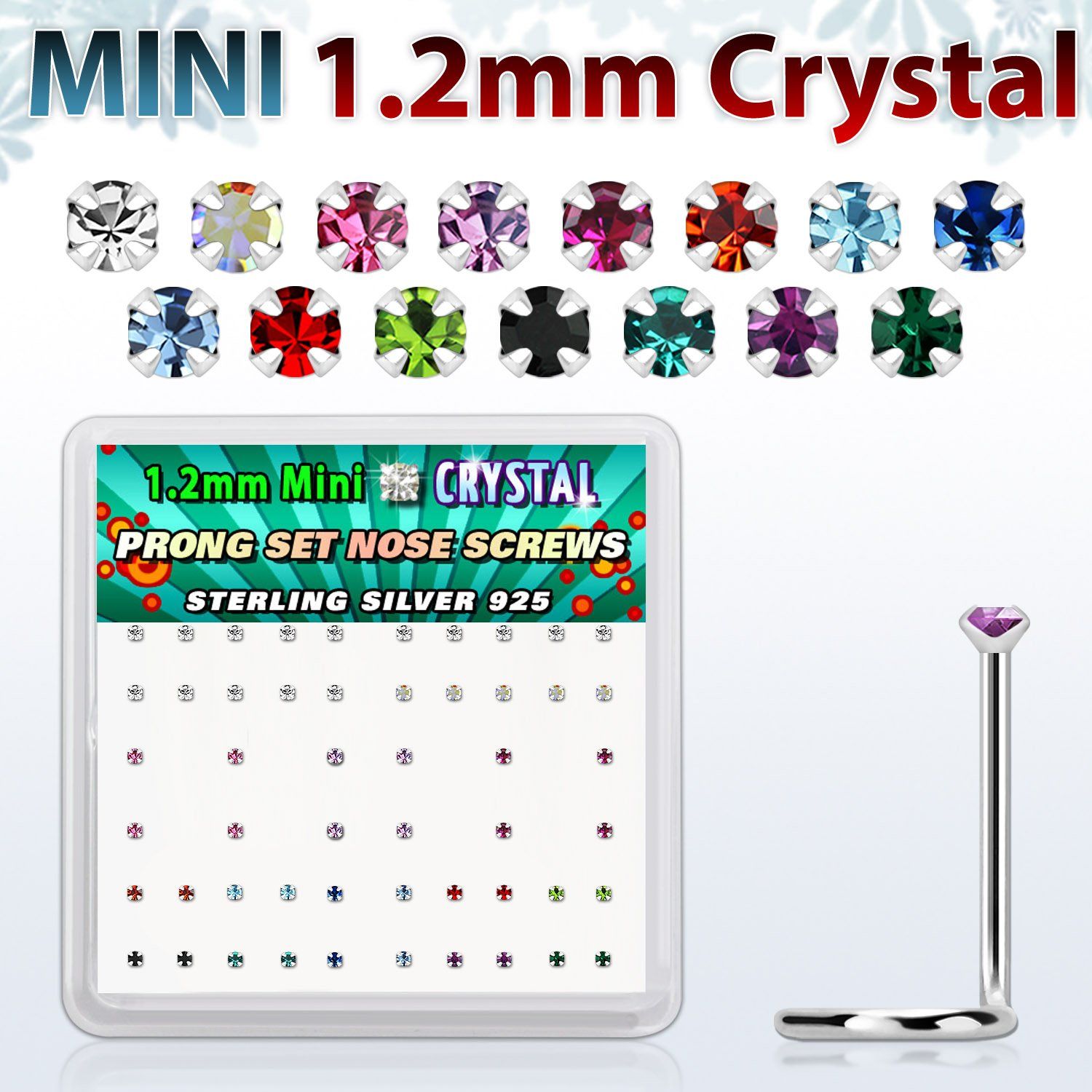 box silver nose scews w 1.2mm color prong set crystals