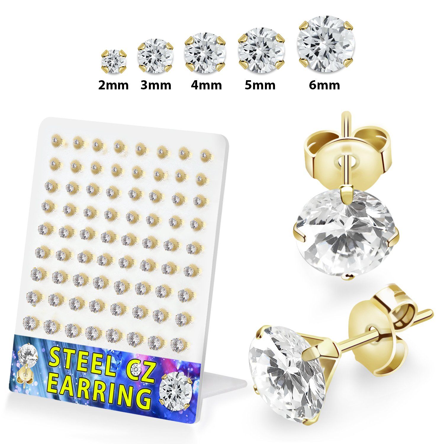 brestzr3 gold pvd plated steel ear studs 2mm to 6mm cz 36