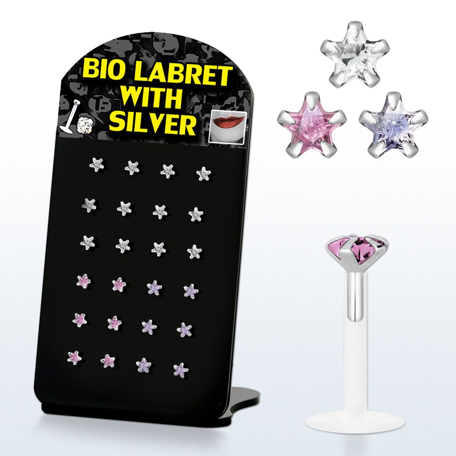 brlbi6 display 24 labrets bio flexibles transparentes zirconita estrella 3mm 8mm distribuidor