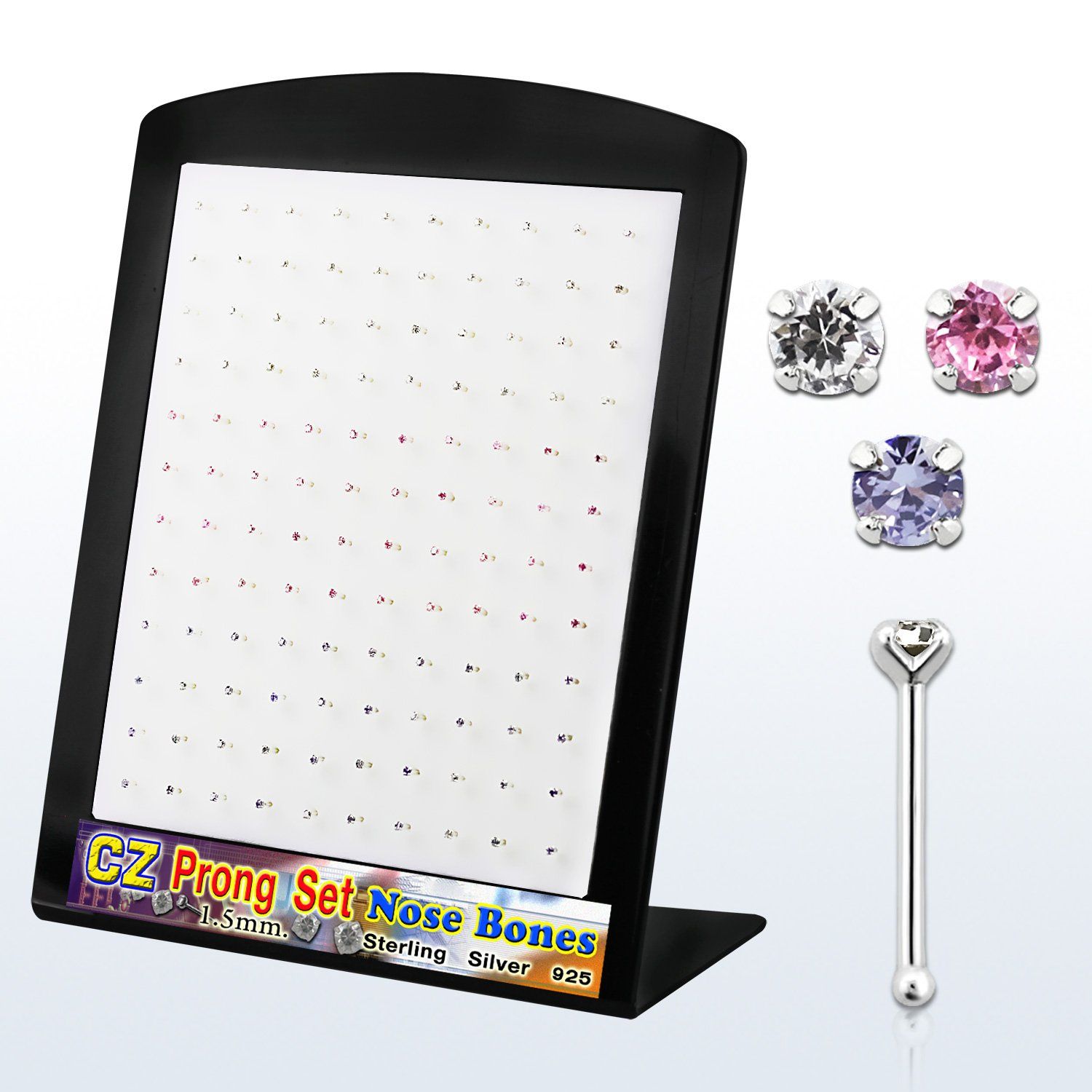 brnbzm display 120 piercing nariz hueso plata esterlina 925 0 6mm zirconia redondas 1 5mm distribuidor