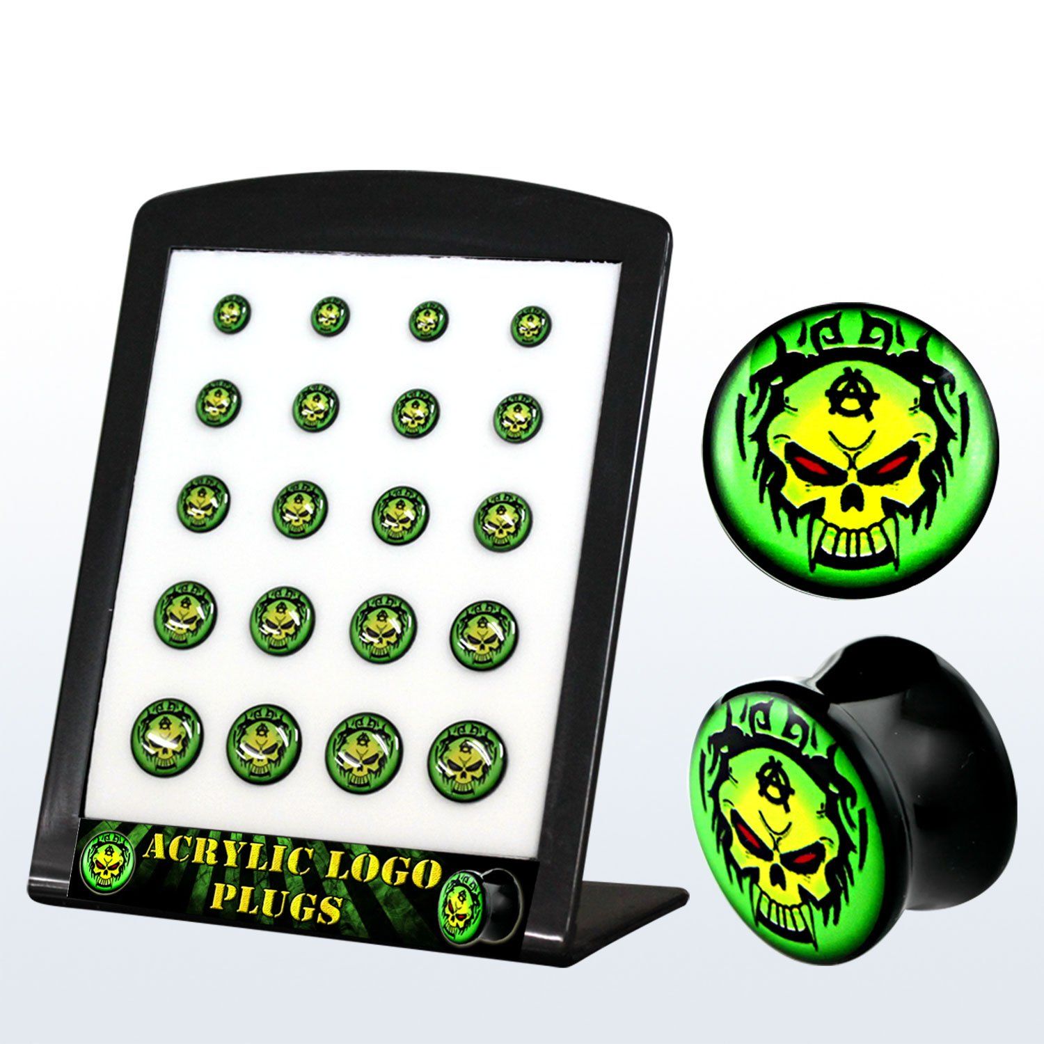 brpg151 display 20 plugs acrIlico negro doble flare logo calavera verde anarquIa 6mm 14mm mayorista