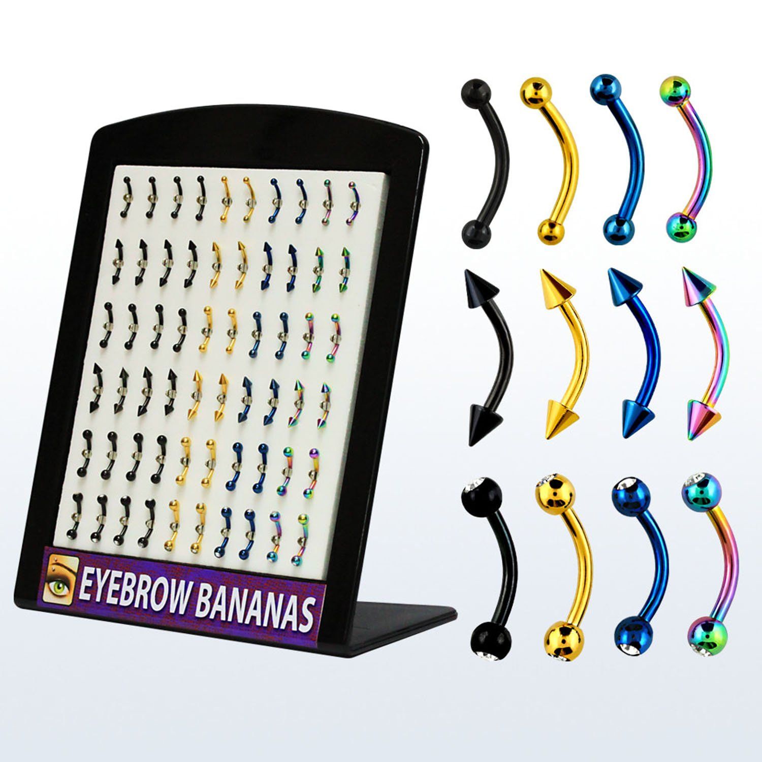 brte display 60 bananas ceja acero 316l anodizado bolas conos bolas joya bisel 3mm 8mm al por mayor