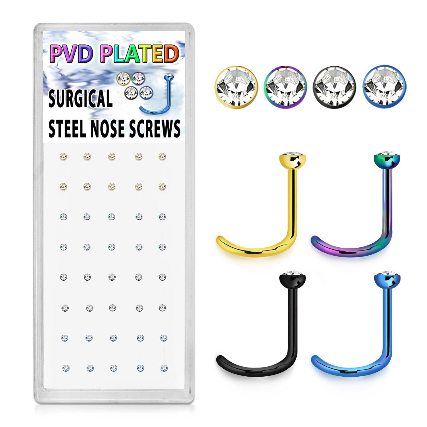 bxns9 caja 40 piercing nariz l acero quirurgico anodizado cristal redondo 2mm venta