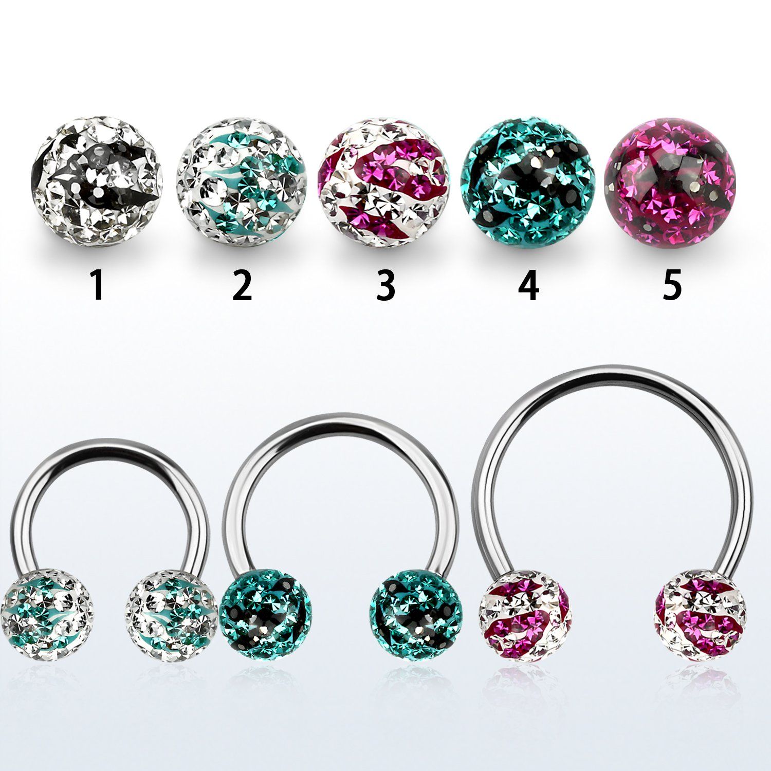 cbmfc8l barbell circular diametro acero 316l bolas 8mm multi cristal ferido rayas cebra usar como arete venta