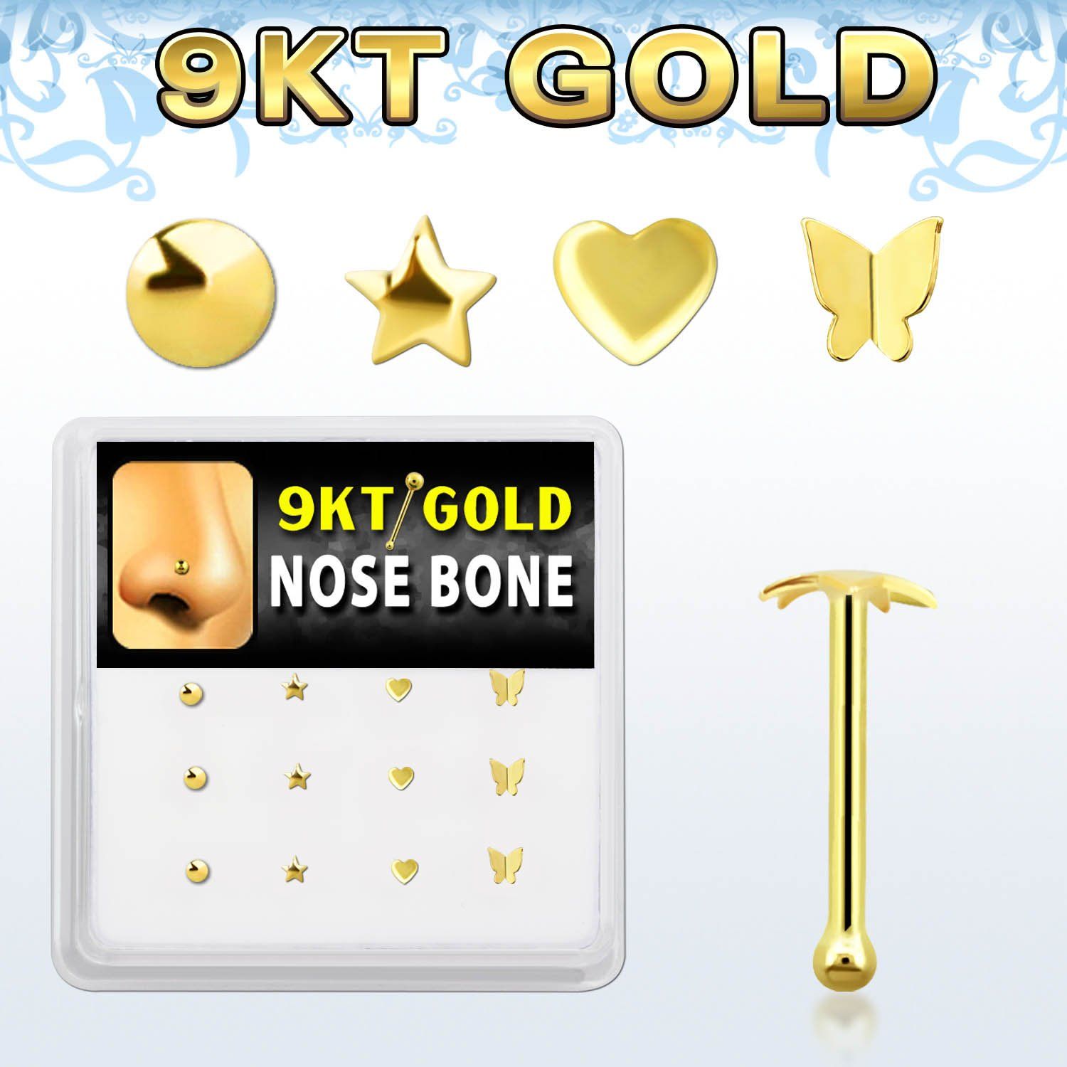 d9gnb16 caja 12 oro 9 kts piercing nariz hueso 0 6mm formas estrella redonda corazon mariposa venta
