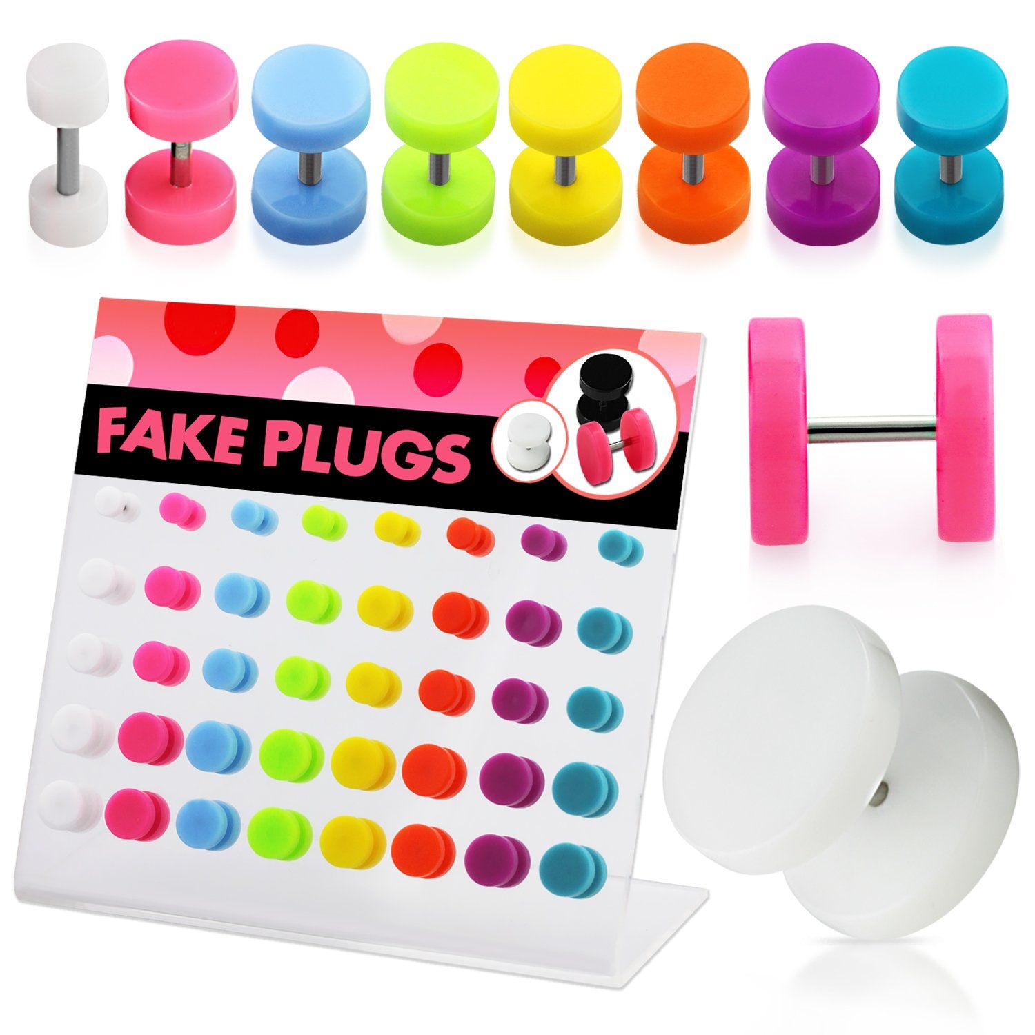 dacb114 display acrilico 40 plugs falsos colores acrilicos variados anillos goma al por mayor