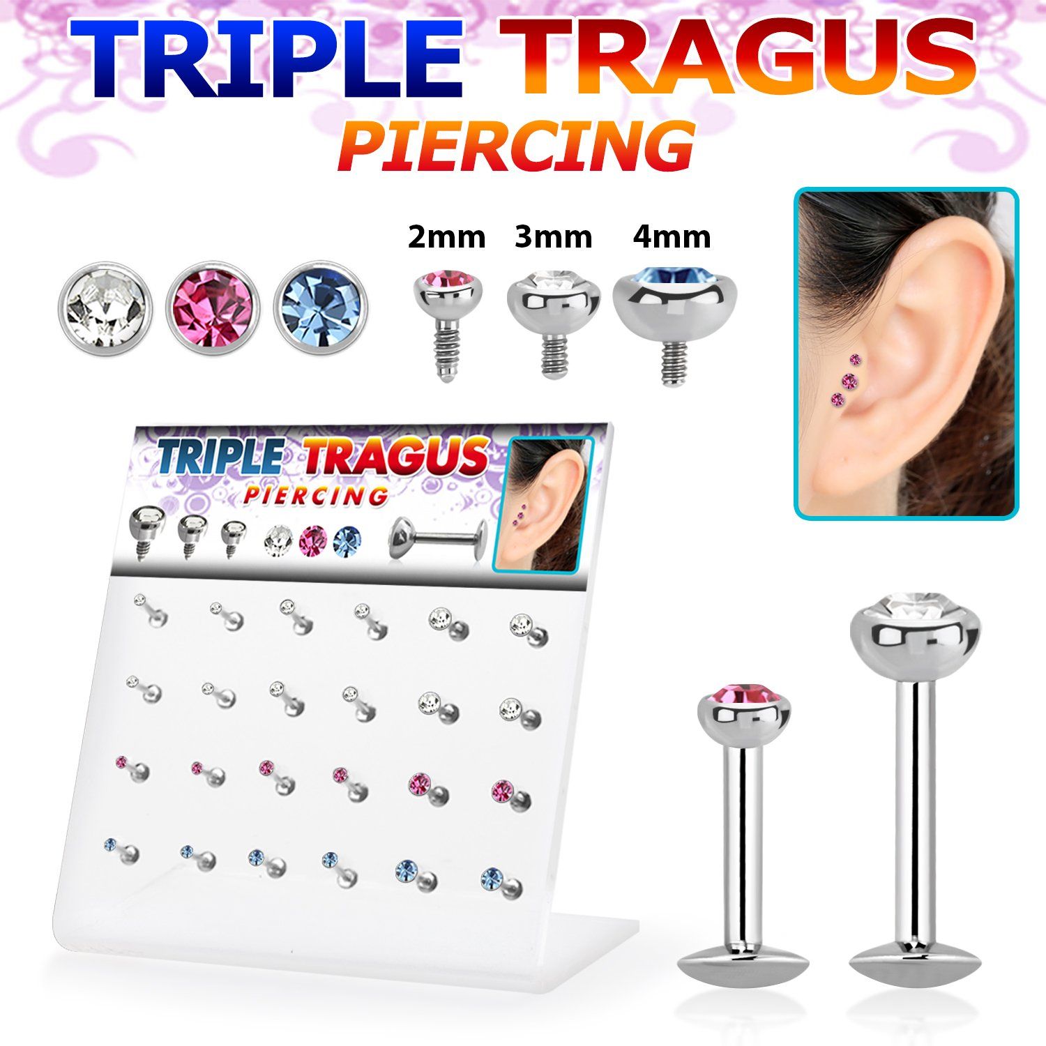 dacb121 display 24 labrets acero quirurgico rosca interna joya bisel 2mm 4mm piercings triple tragus 6mm 8mm venta