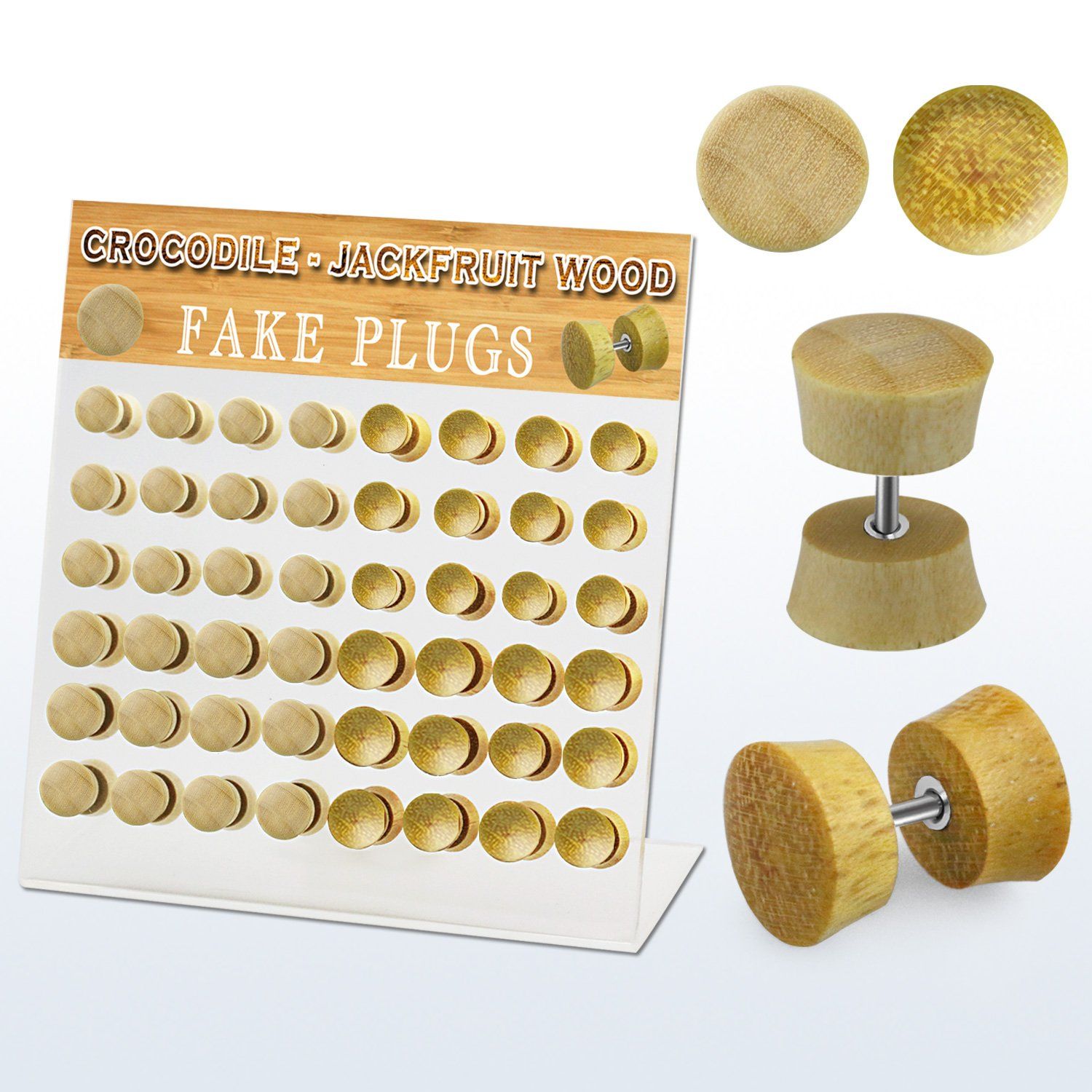 dacb180 display acrilico 48 plugs falsos madera cocodrilo jaca barra acero quirurgico 8mm 10mm distribuidor mayorista