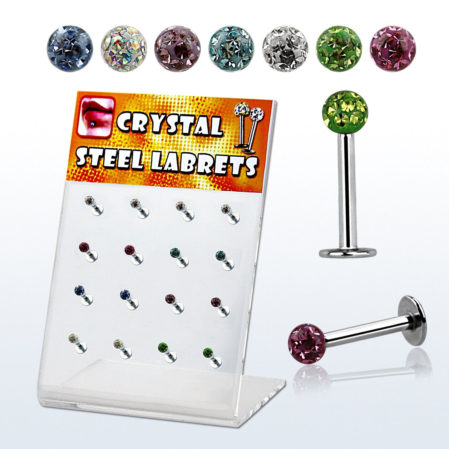 dacb39b display 16 labret acero quirurgico bola multi cristal ferido 3mm distribuidor