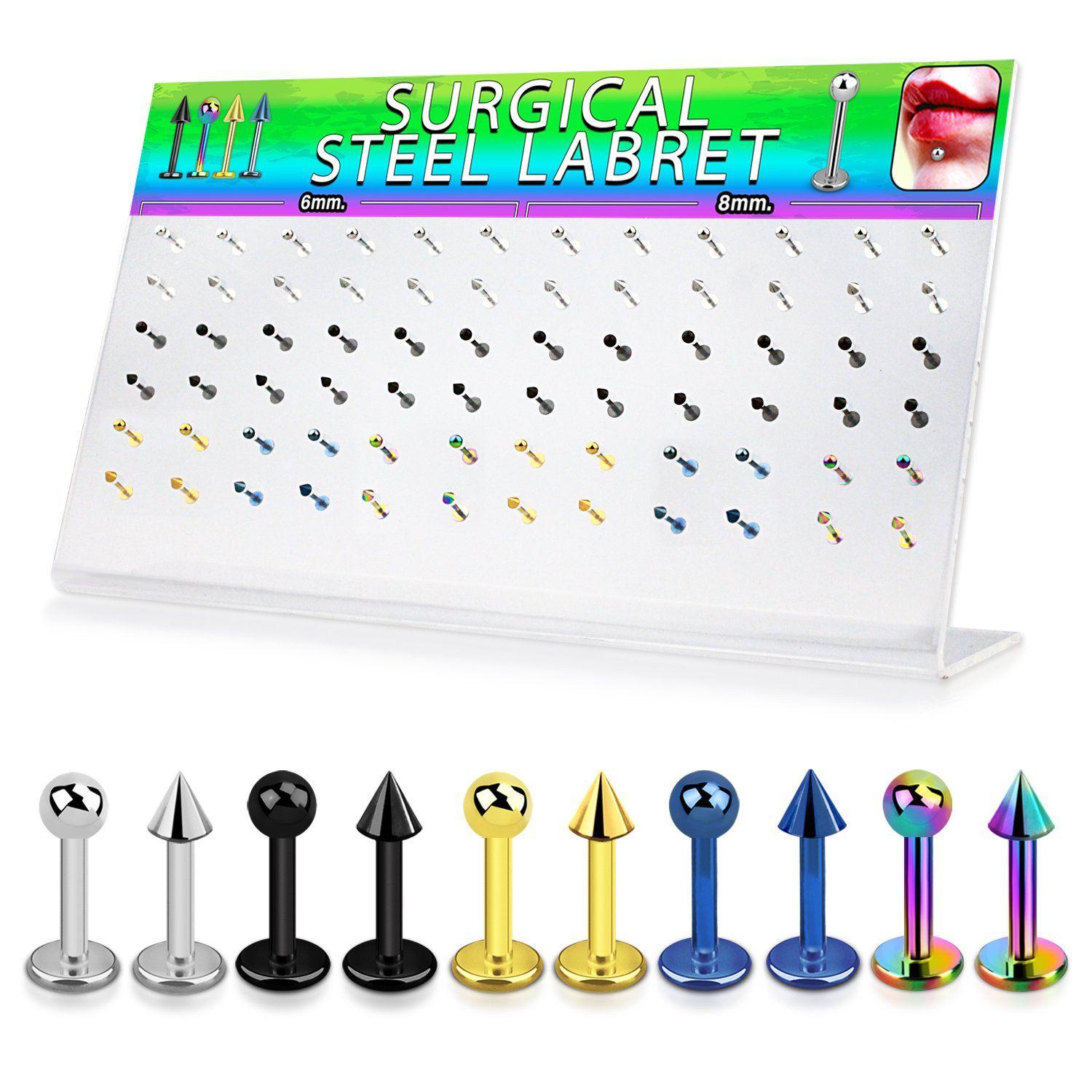dacb86 display acrilico 72 labrets variados acero acero anodizado bolas conos 3mm 6mm 8mm al por mayor