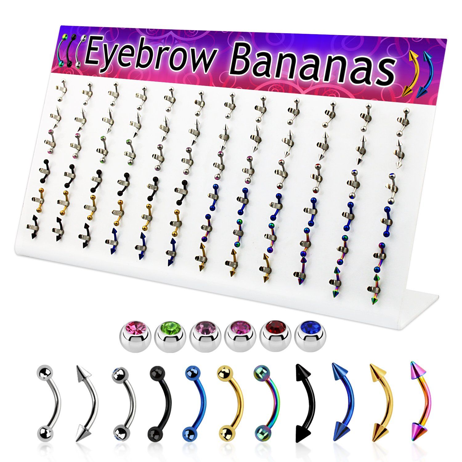 dacb93 display acrilico grande 72 bananas ceja brillo espejo acero quirurgico anodizado bolas conos 3mm 8mm al por mayor