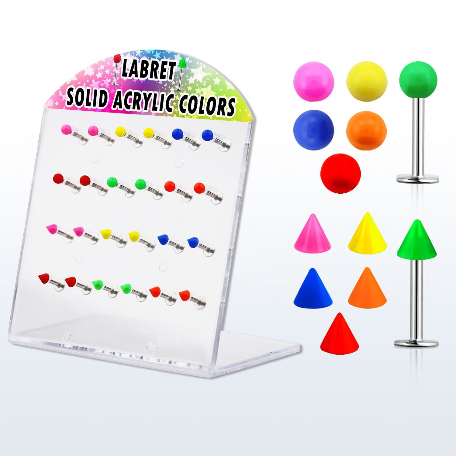 dacb97 display 24 labrets acero quirurgico bolas conos 3mm colores solidos 8mm distribuidor