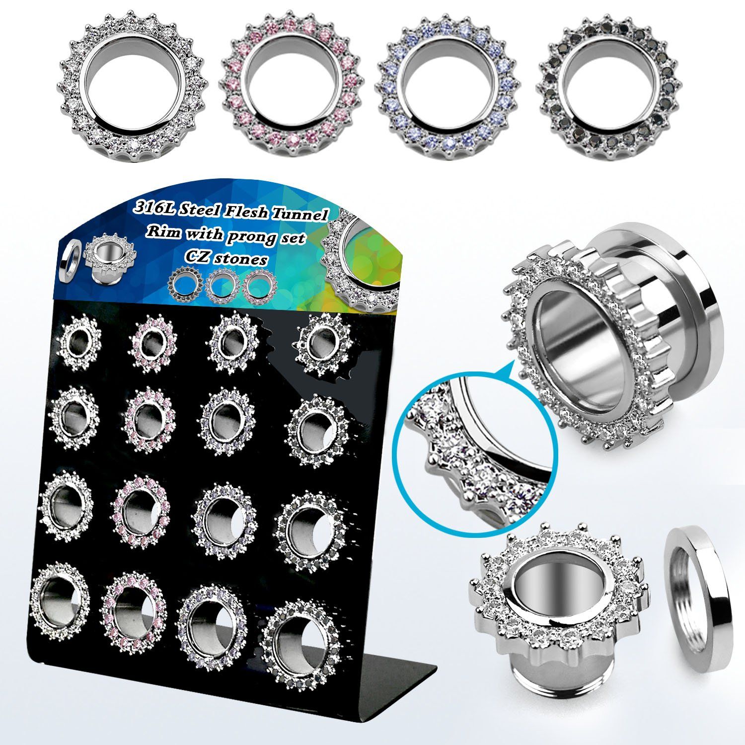 dapg186b display acrilico negro 16 dilataciones tunel tornillo acero 316l brillo espejo zirconia borde mayorista