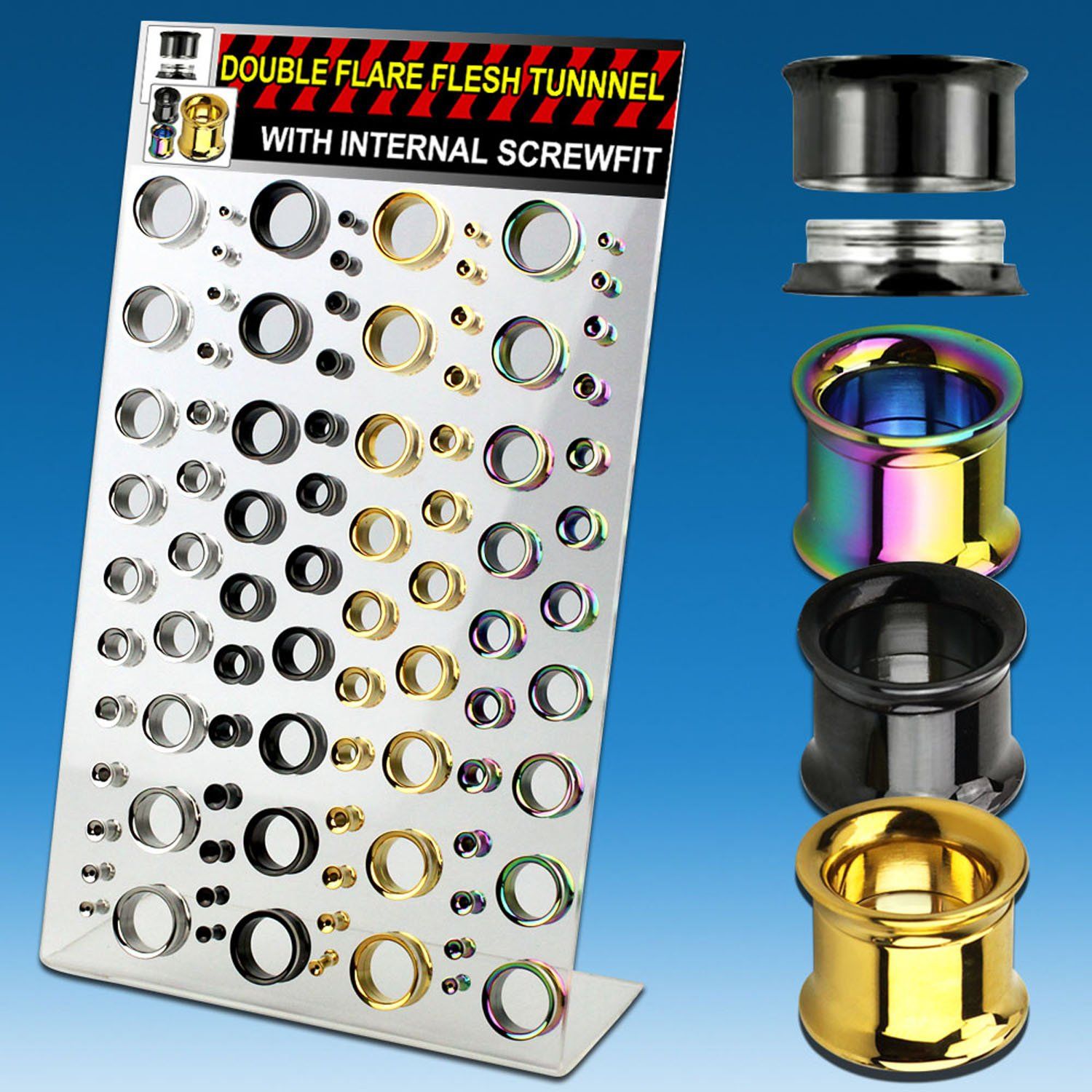 dapg76 display acrilico 88 dilataciones tunel doble flare acero quirurgico pvd negro dorado arco iris tornillo interno 3mm 20mm distribuidor