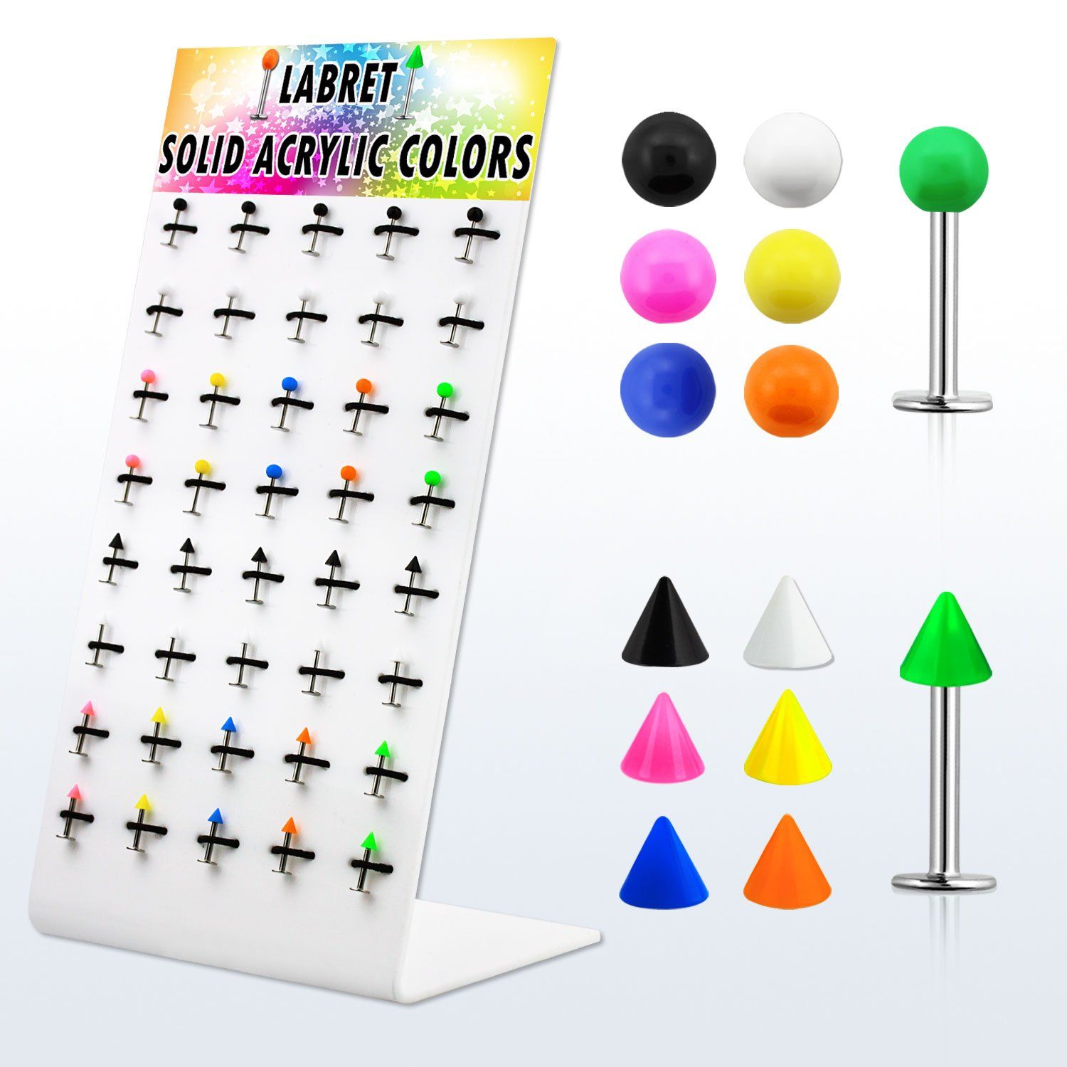 dbjmx8 display 40 labrets acero quirurgico bolas conos acrilicos 3mm colores solidos 8mm distribuidor mayorista