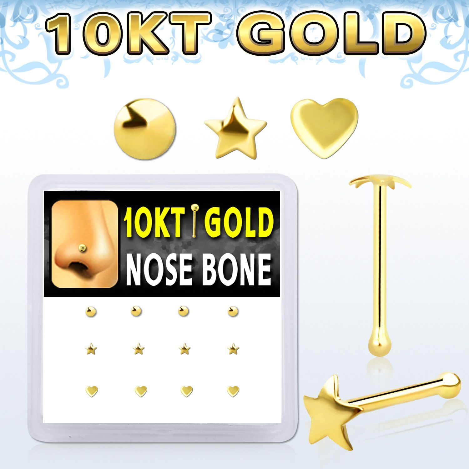 dginb10 10kt gold nose bone with star, heart and disc gold tops 