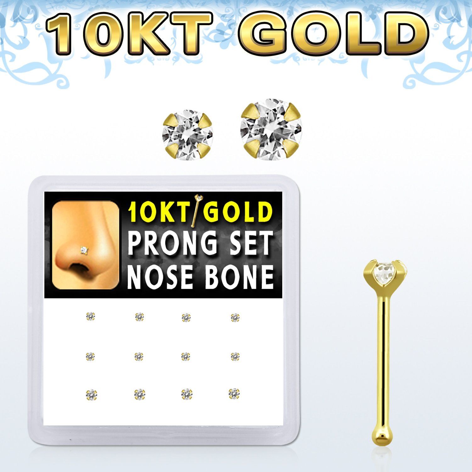 dginb11 box w 10kt gold nose bones w 1.5 2 mm round cz tops