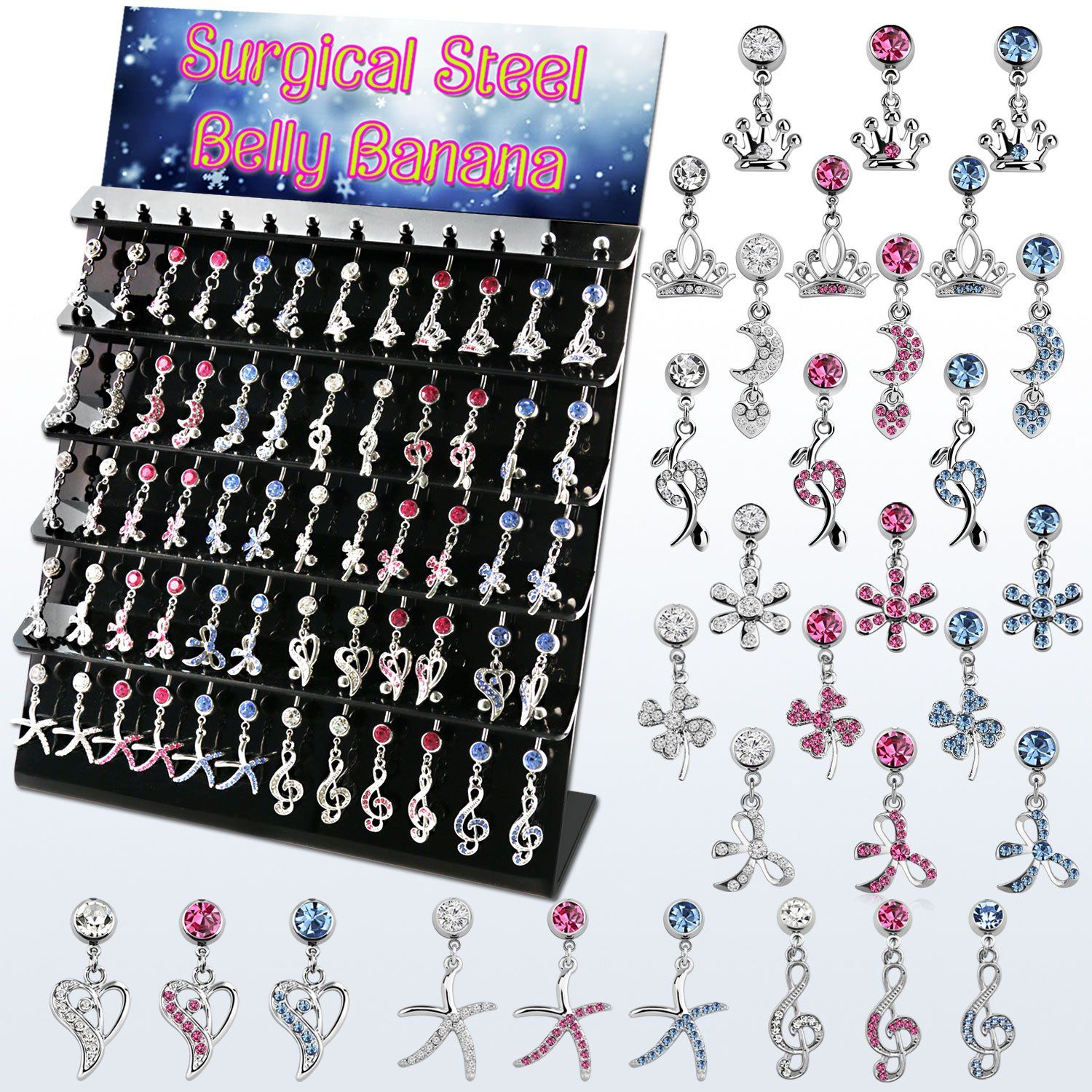 dmcd8 display 60 piercings ombligo acero quirurgico 316l colgantes variados formas distintas al por mayor