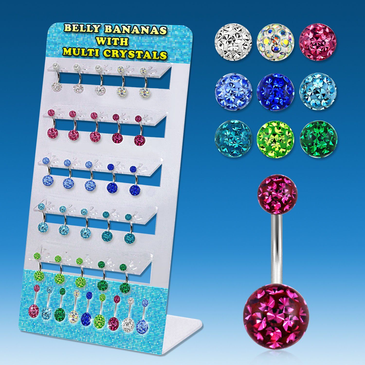 dmix4 display 25 piercings ombligo acero quirurgico bolas multi cristal ferido 5mm 8mm 8mm 12mm al por mayor