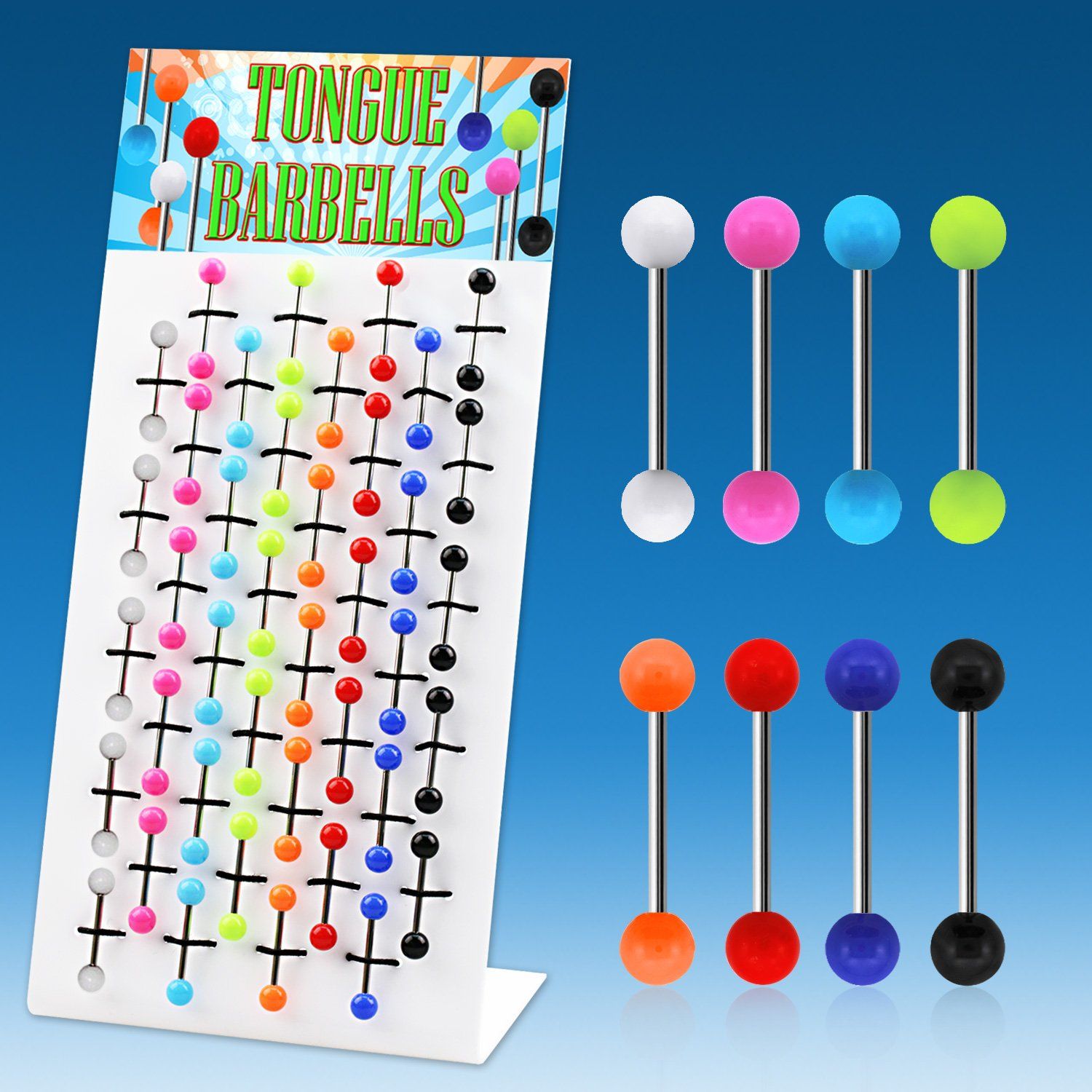 dmvbj2 display 40 barbells lengua acero quirurgico bolas acrilicas colores solidos 6mm 16mm distribuidor