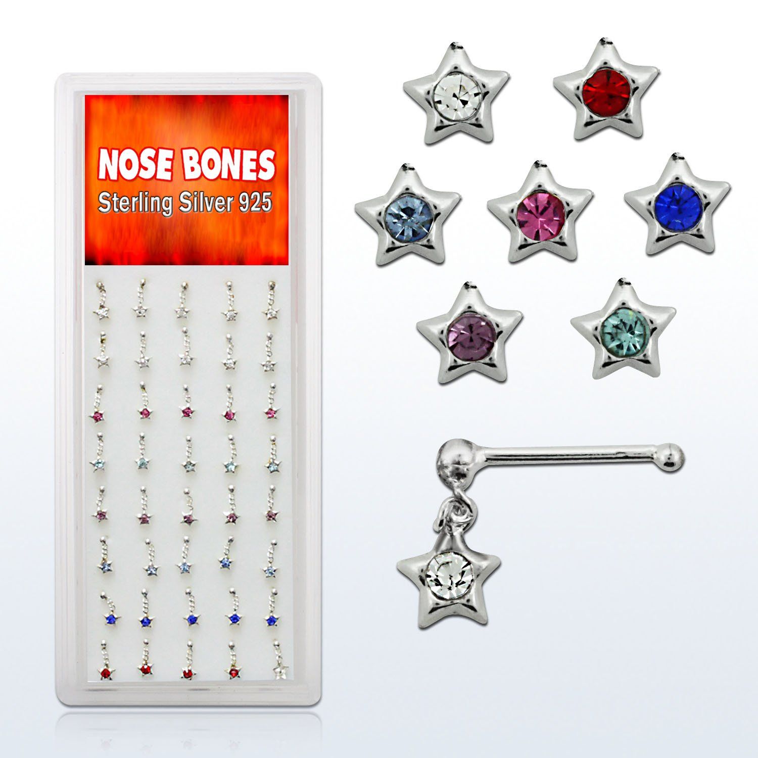 dnbdm2 caja display 40 piercing nariz hueso plata esterlina 0 6mm estrella cristal centro redondo colores claros mayorista