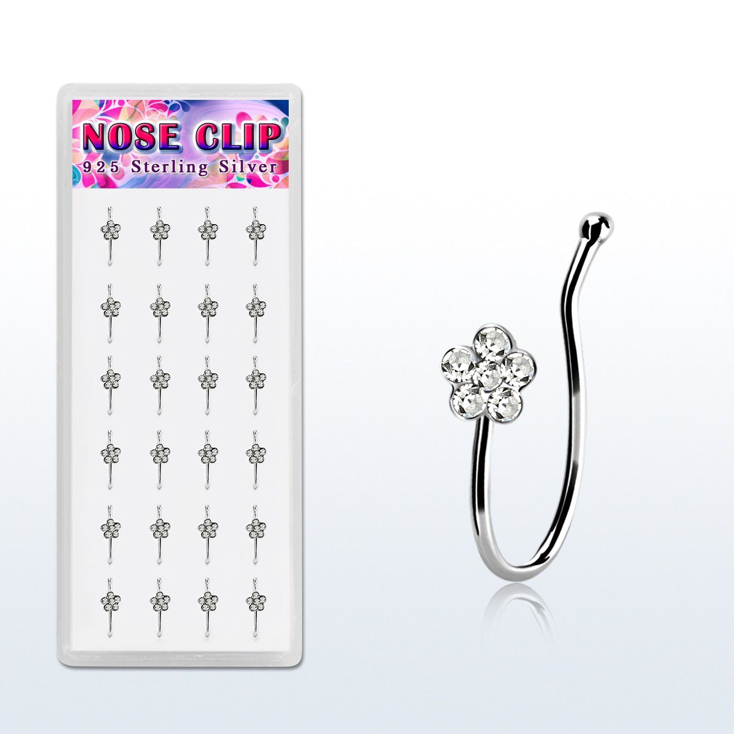 dncl9c caja display 24 piercings nariz clip plata 925 flor cristal distribuidor