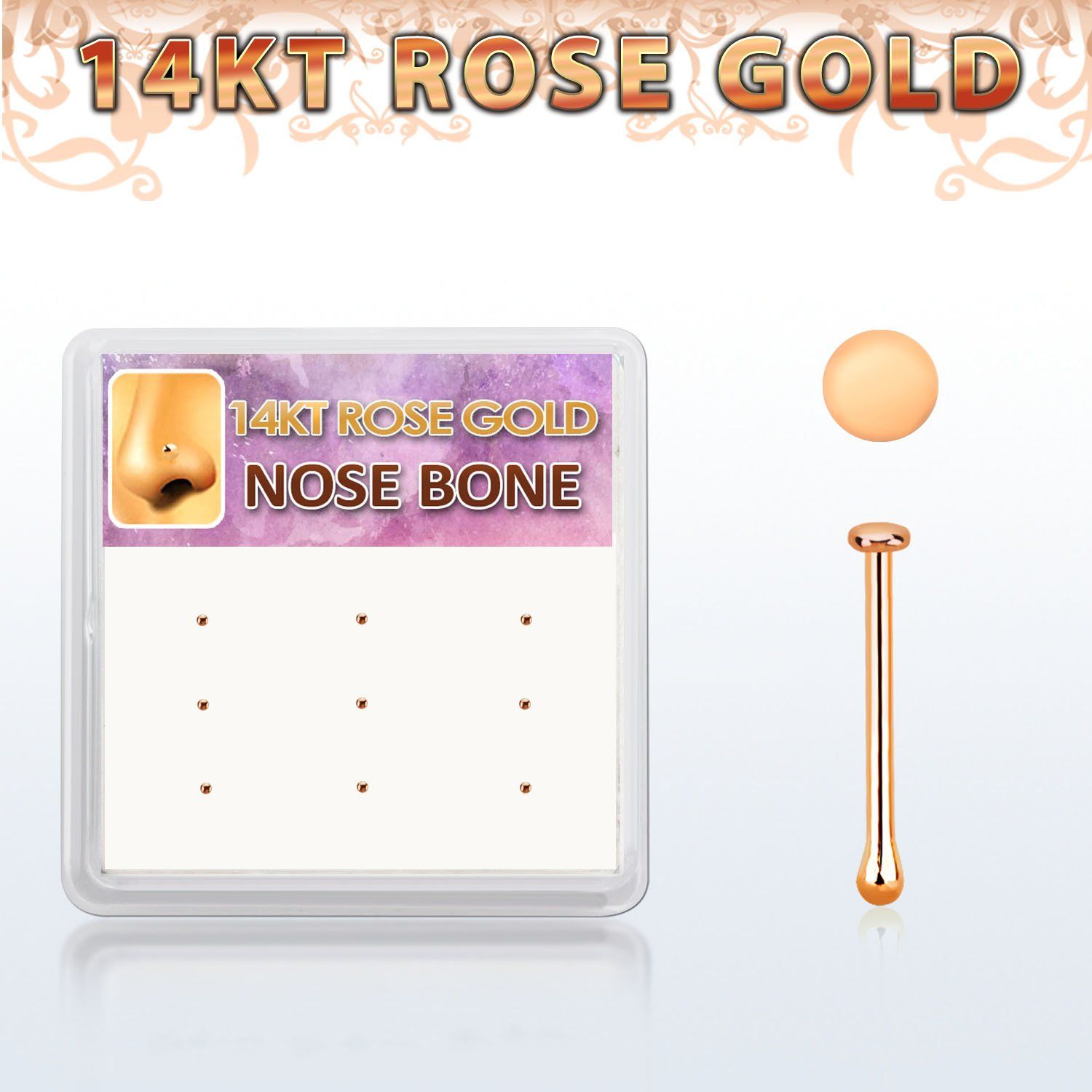 drnb27 caja 12 piercing nariz hueso oro rosa 14 kts 0 6mm redonda 1mm al por mayor